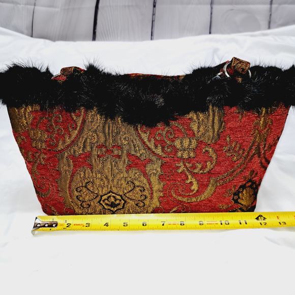 Boho Rich Red Gold Tapestry Hand Bag Rabbit Fur Pompom around top Snap closure - Picture 7 of 13
